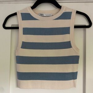 Zara Cream and Blue Striped Sleeveless Top